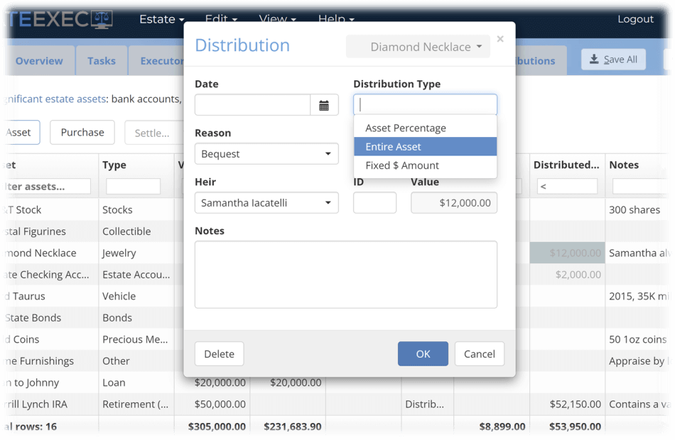 Example asset distribution dialog box